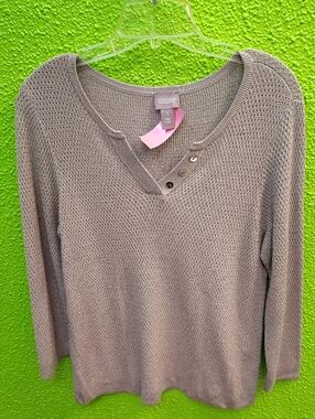 Chico's Neutral Taupe V-Neck Button-Accent Sweater